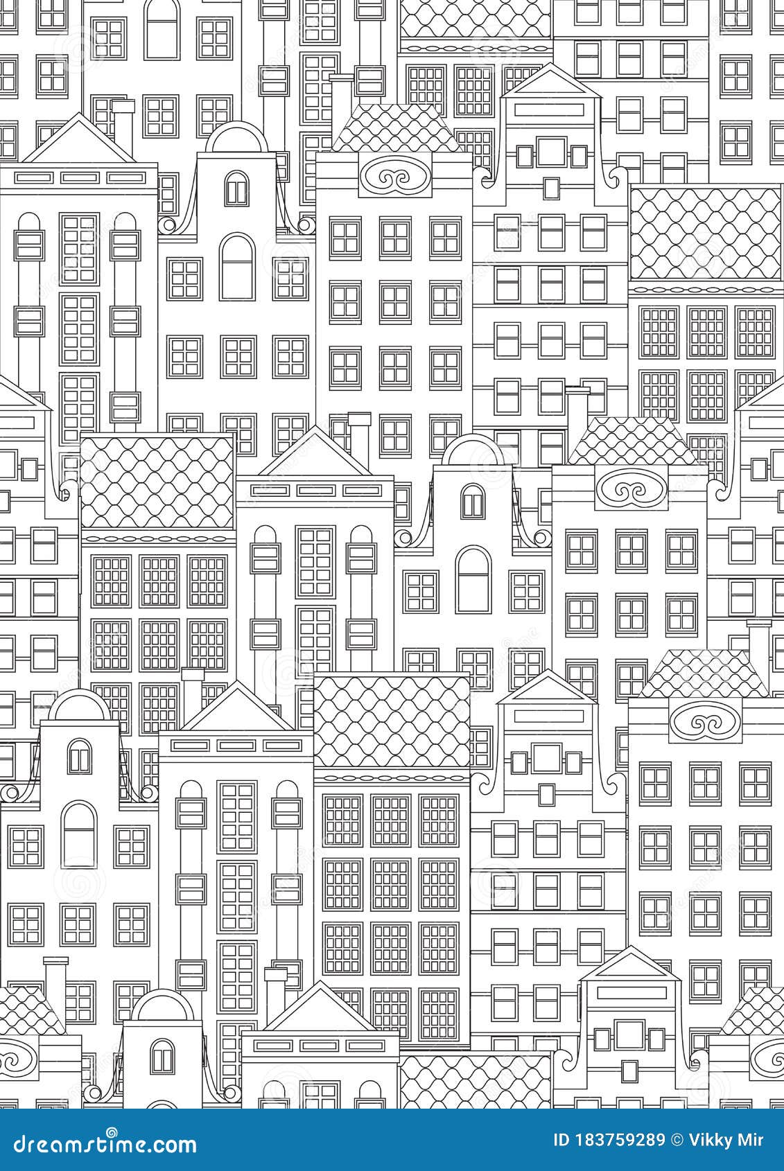 Seamless Pattern or Coloring Page with House Facades for Anti Stress ...