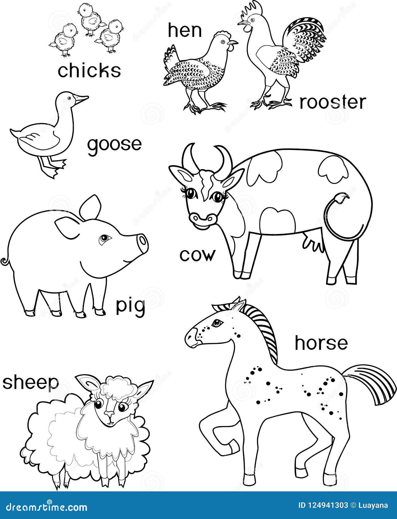 Coloring Page. Set of Different Cute Cartoon Farm Animals with ...