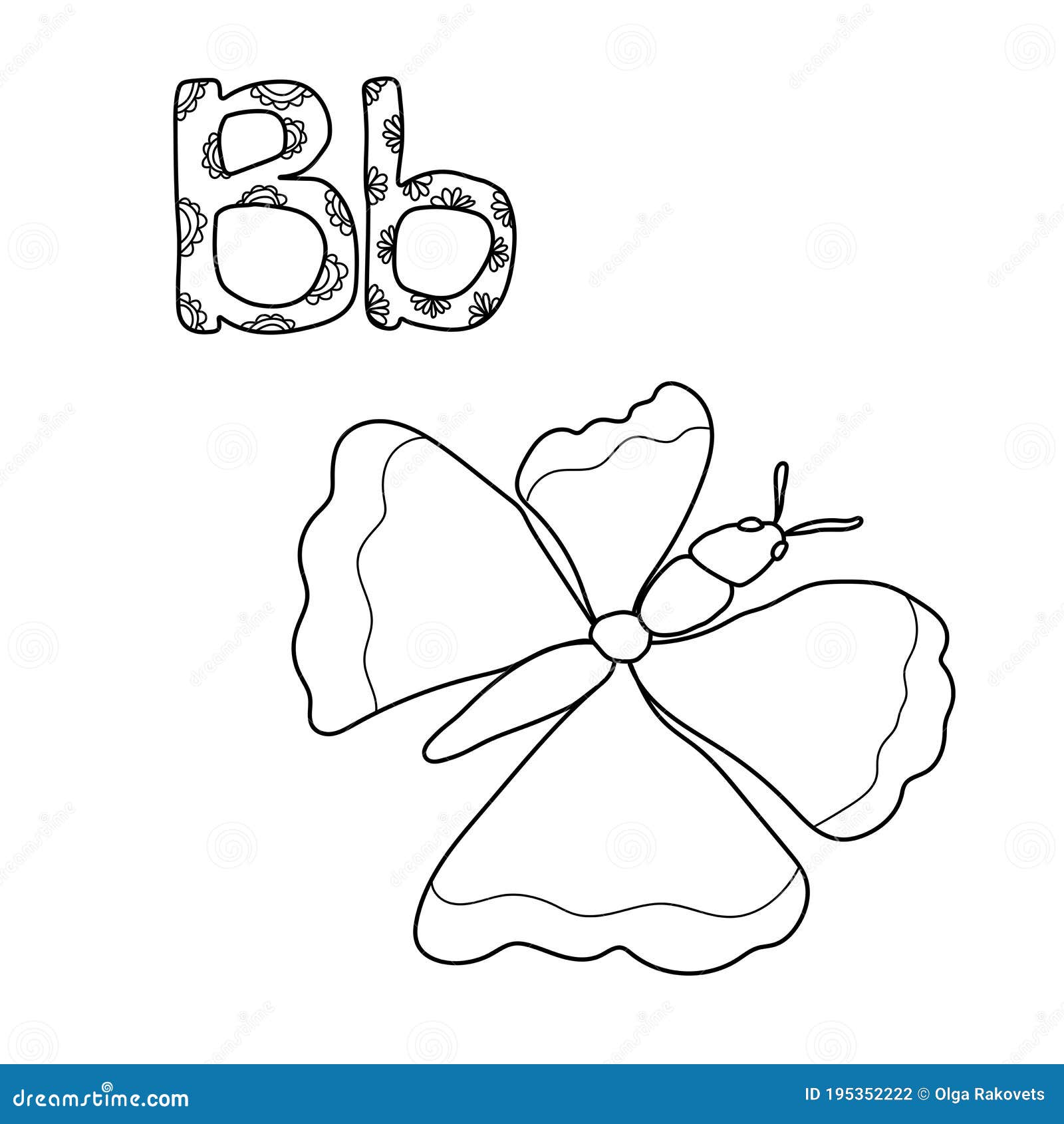 Coloring Page for Study Letter B, Outline Illustration of Butterfly and