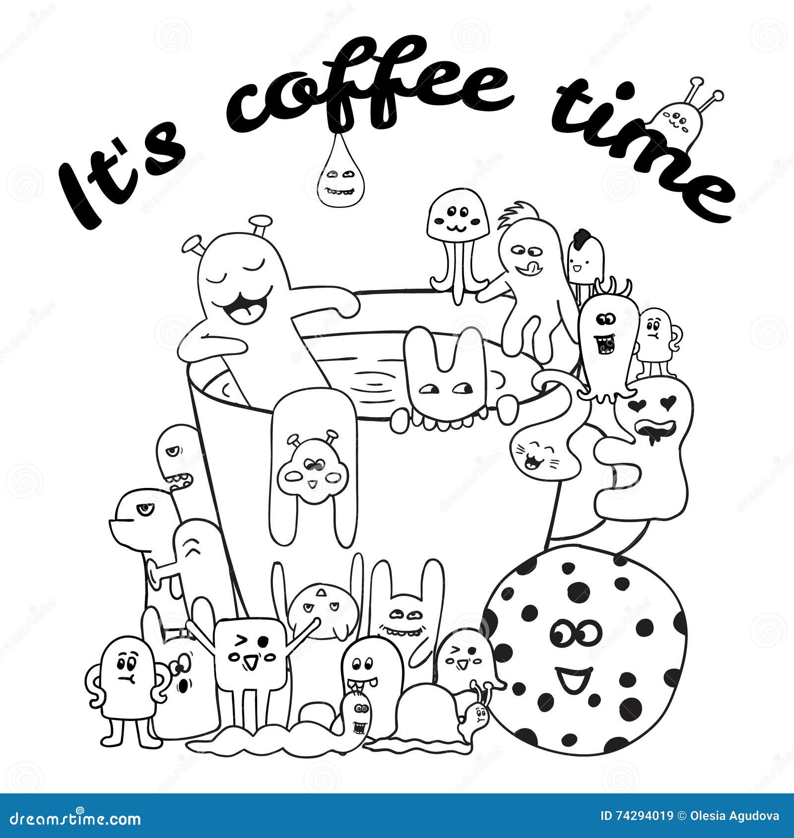 Coloring pages for adults book Black and white Hipster Hand drawn Coffee lettering monster background