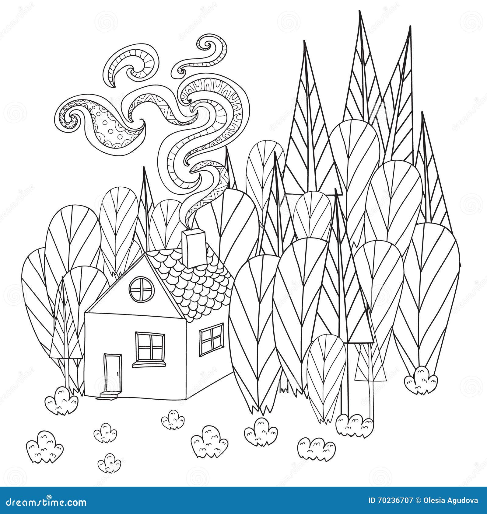 Coloring pages for adults and children book Cartoon house in the forest