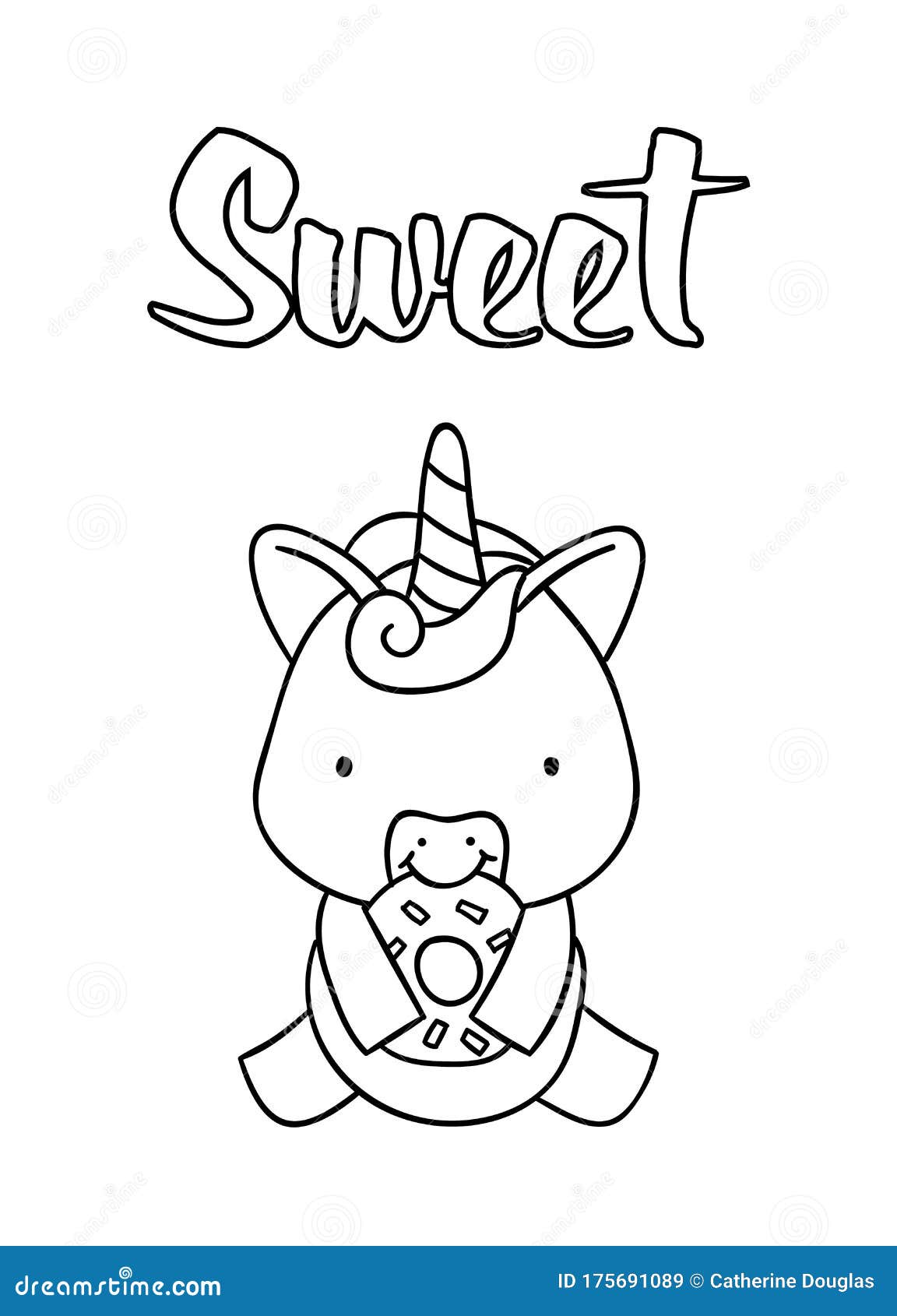 Coloring Pages, Black and White Cute Hand Drawn Unicorn with Donut