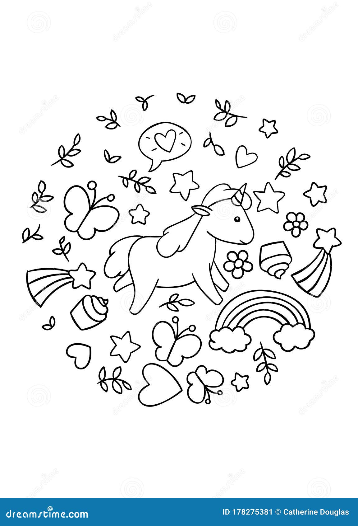 Coloring Pages, Black and White Cute Kawaii Hand Drawn Unicorn Doodles ...