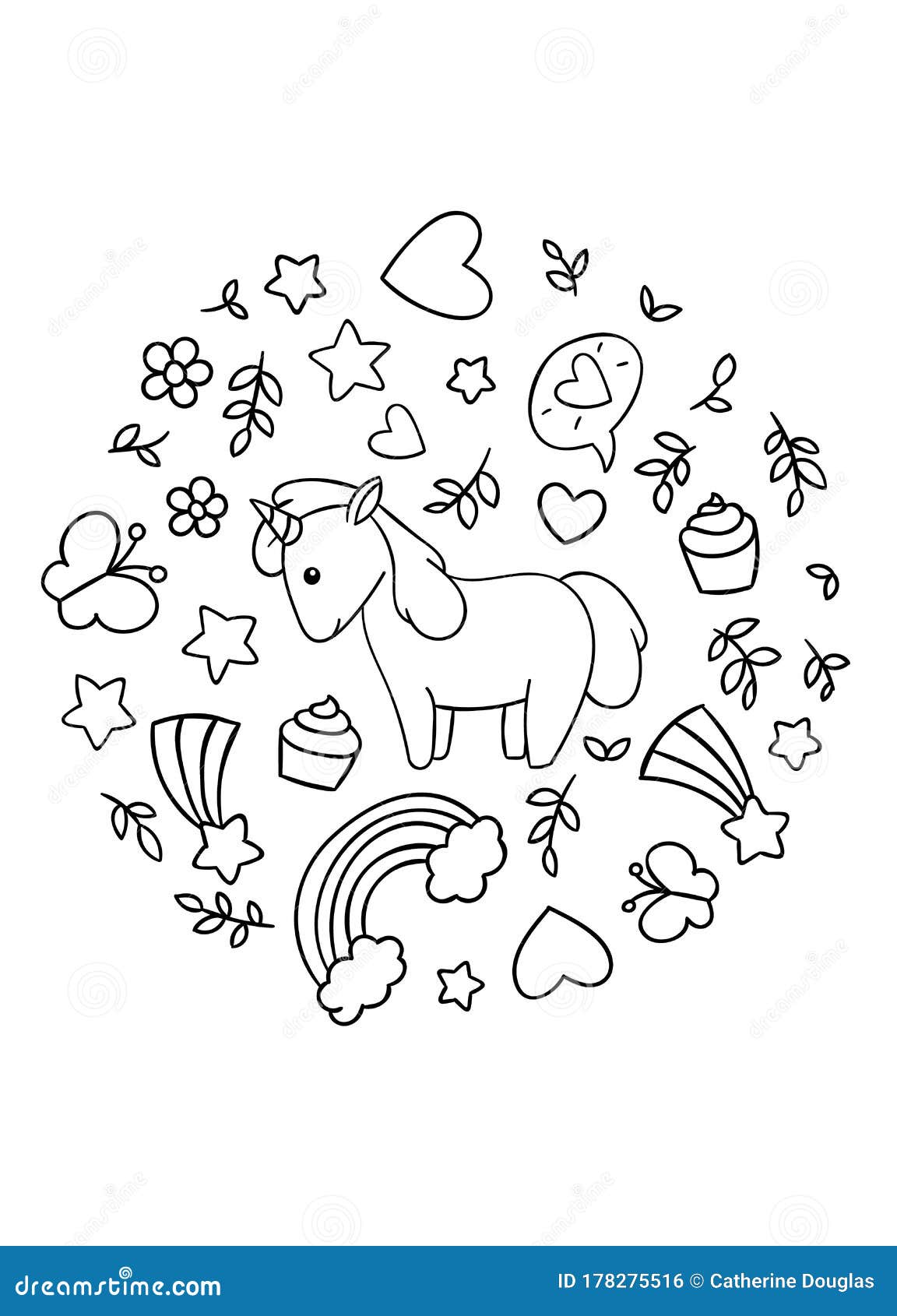 Coloring Pages, Black and White Cute Kawaii Hand Drawn Unicorn ...