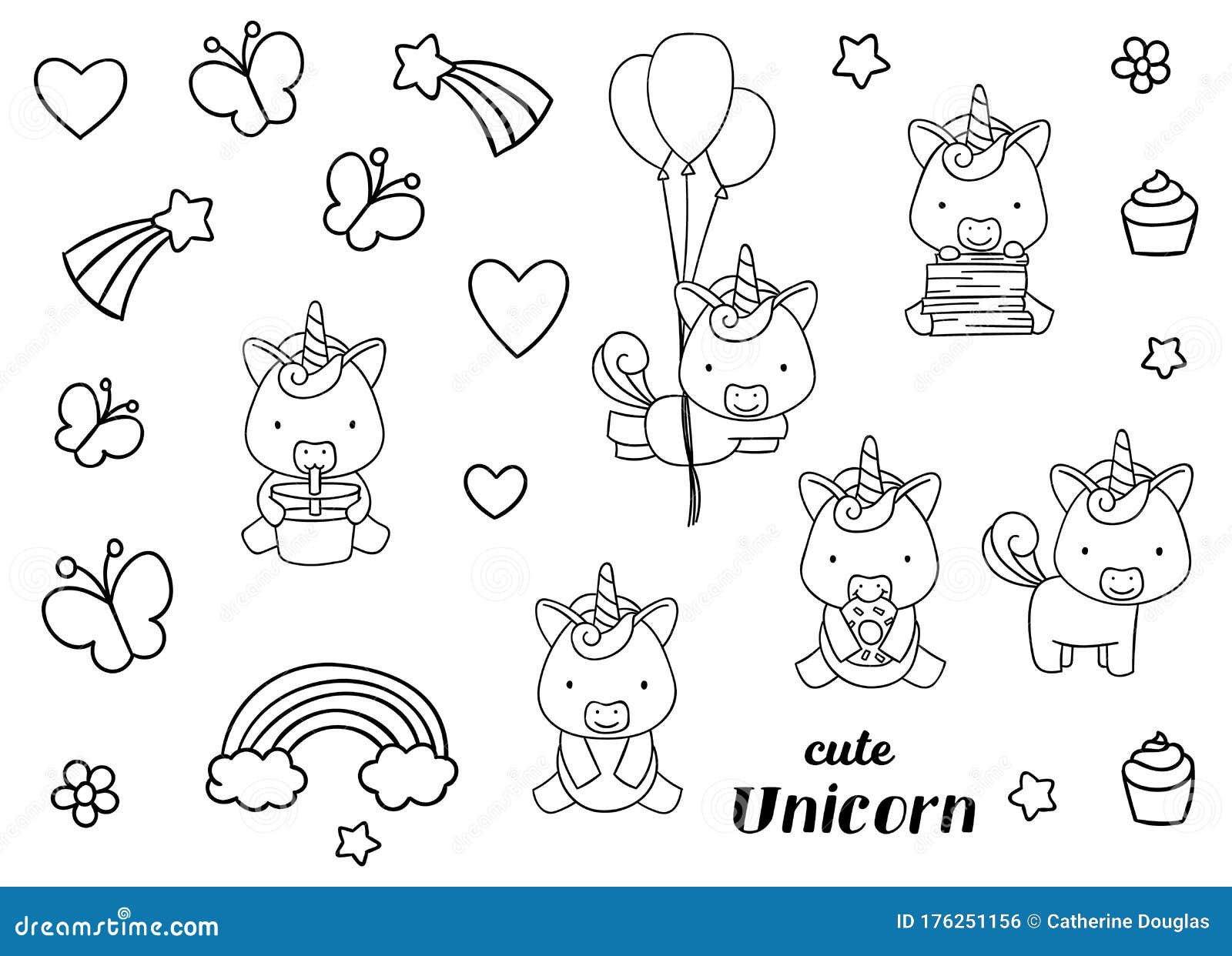 Coloring Pages, Black and White, Set Cute Kawaii Hand Drawn Unicorn