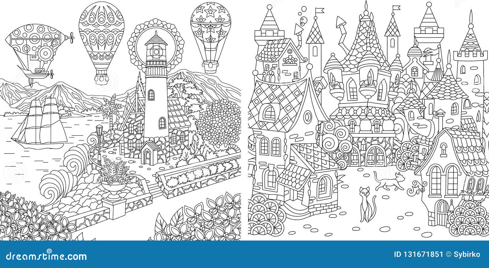 coloring pages. coloring book for adults. colouring pictures with light house and fairy tale castle. antistress freehand sketch