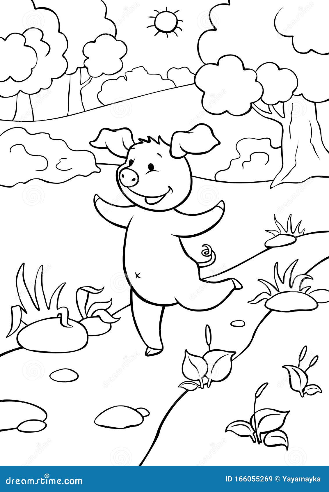Coloring Pages.Cute Little Happy Pig Runs Along the Road and Smiles