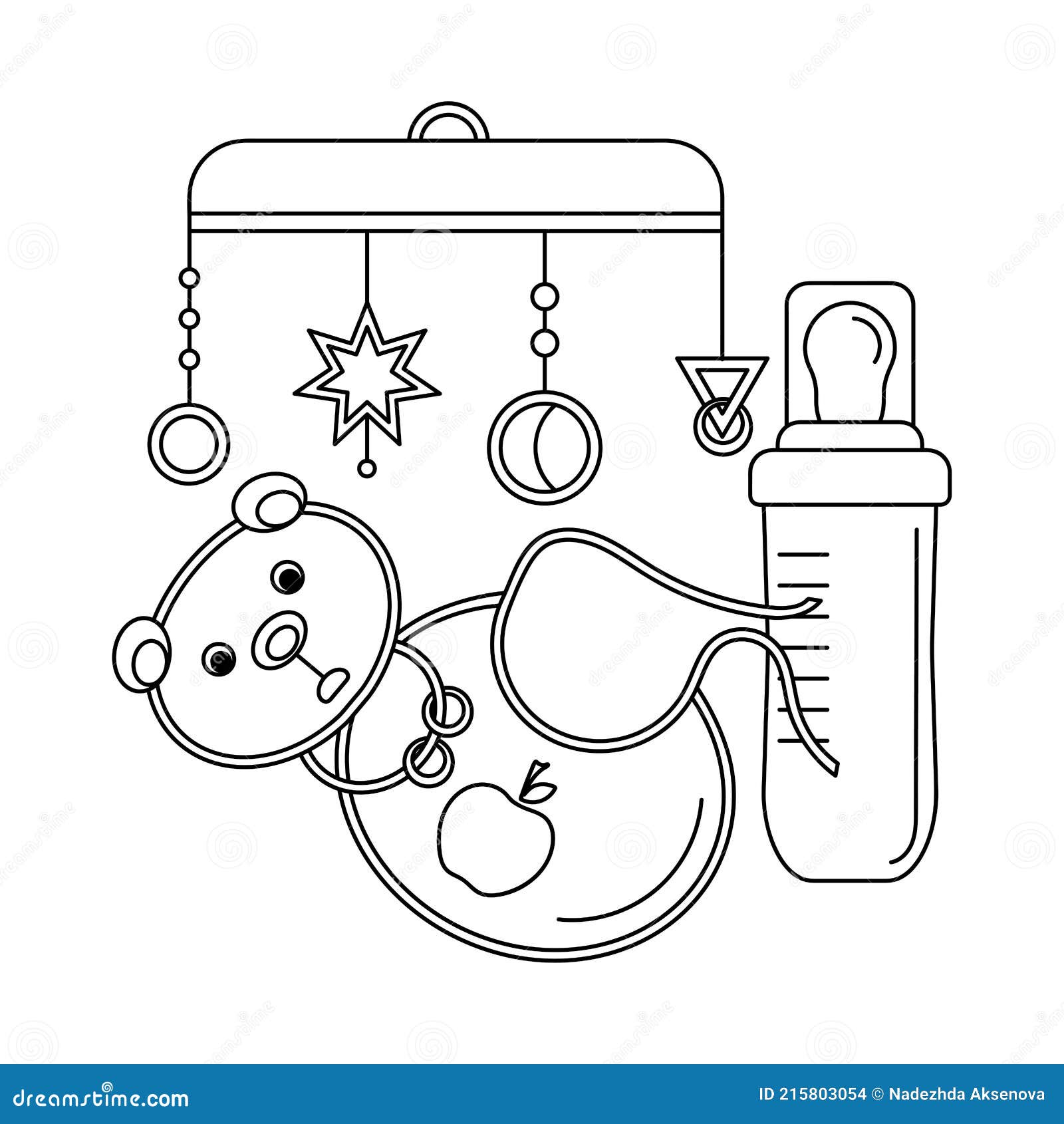 Coloring Pages for Kids . Toys for the Baby, a Bib and a Feeding Bottle