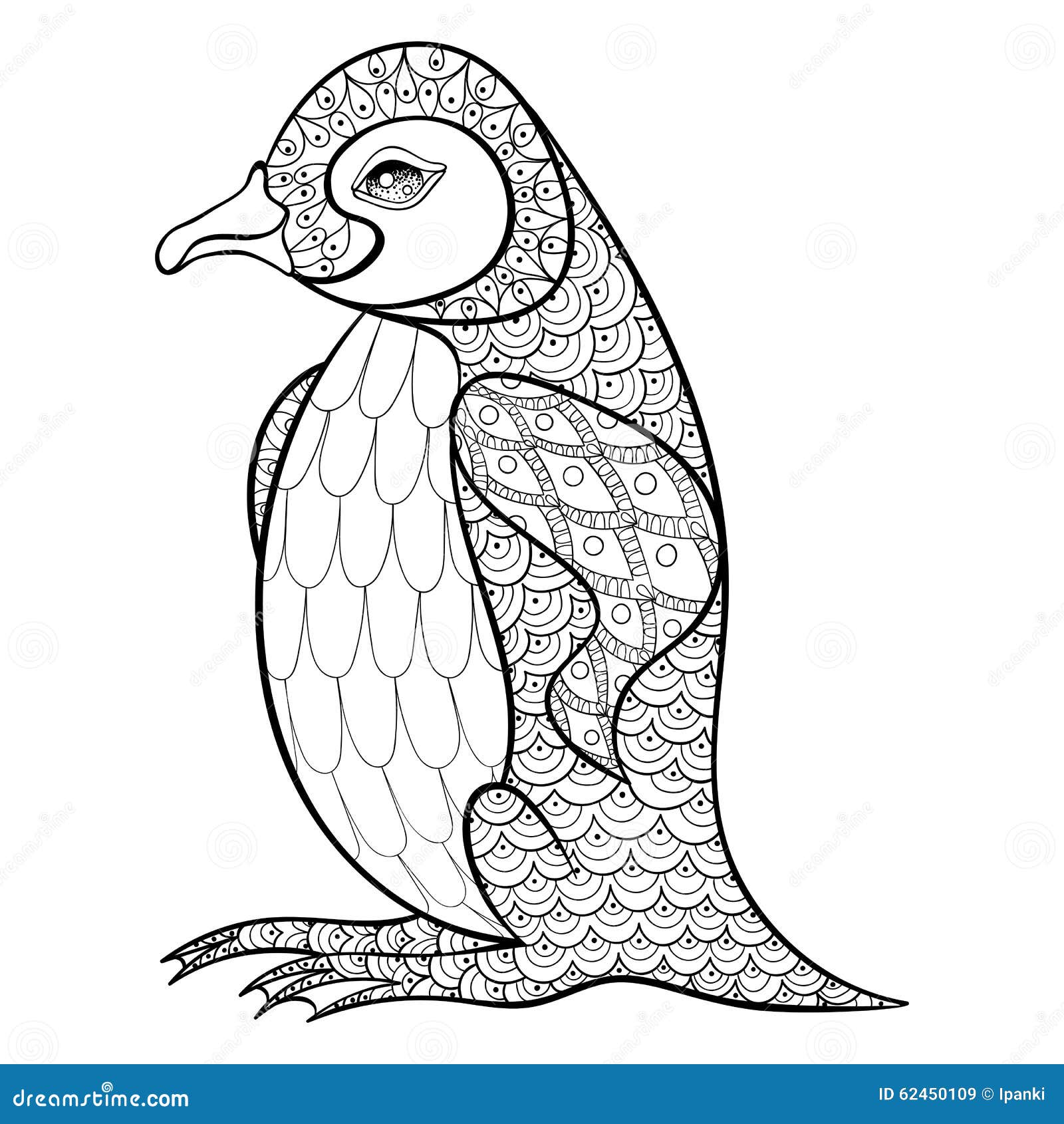 Coloring pages with King Penguin zentangle illustartion for adu