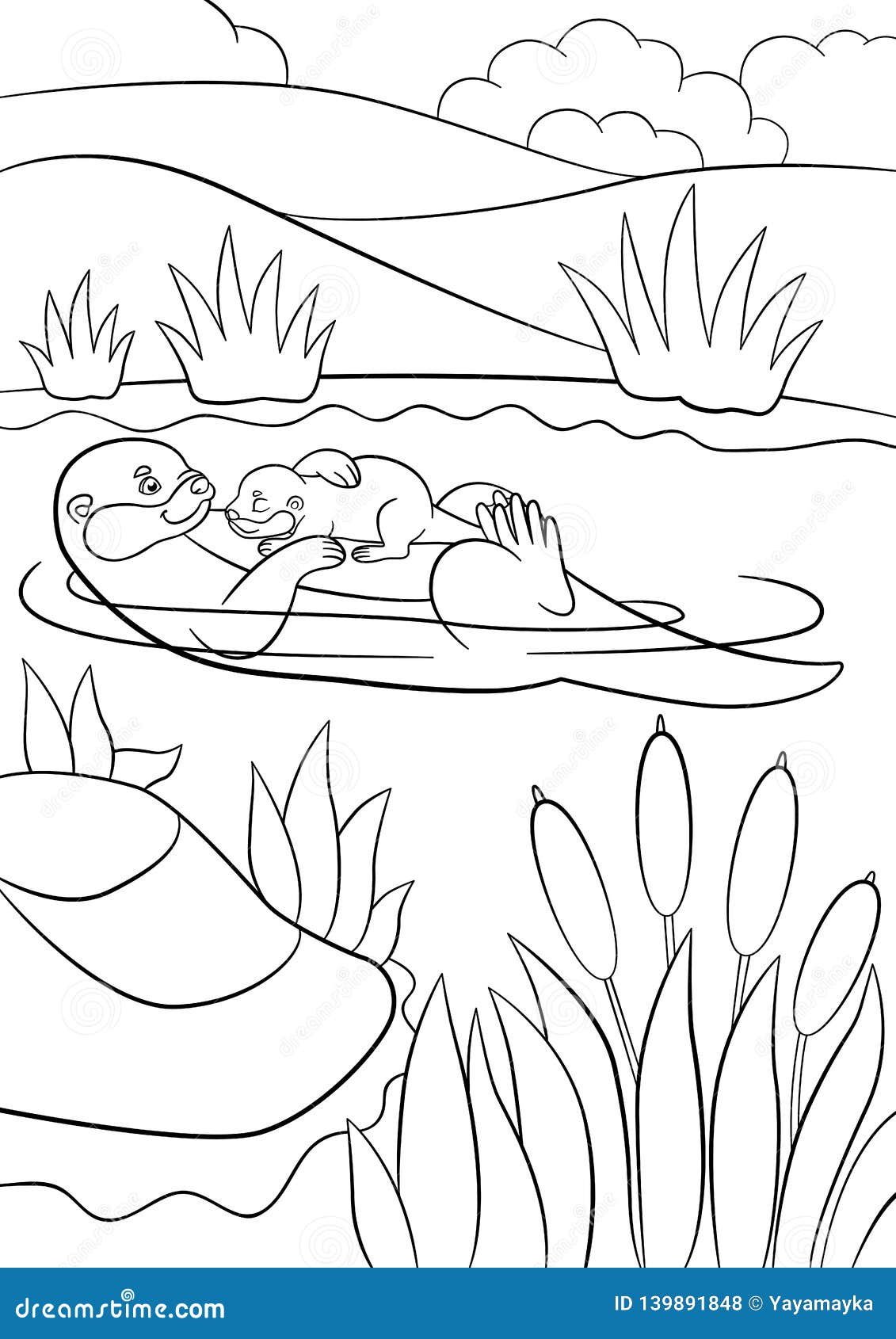 Coloring Pages Mother Otter Swims With Her Little Cute Baby In The River Stock Vector Illustration Of Little Landscape 139891848