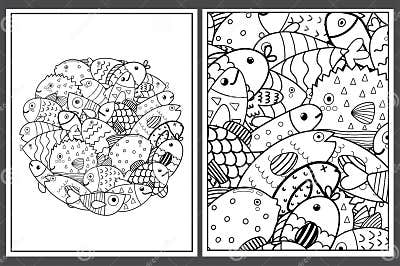 Coloring Pages Set with Cute Fish. Doodle Sea Animals Templates for ...