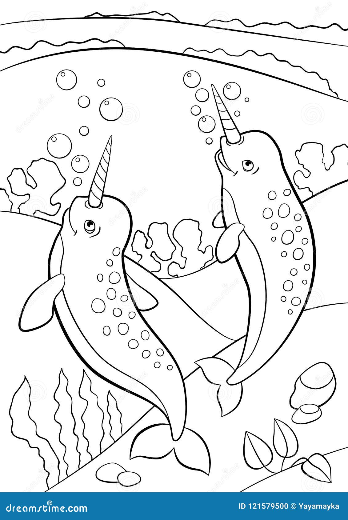 Coloring Pages. Two Little Cute Narwhals Swim Underwater ...