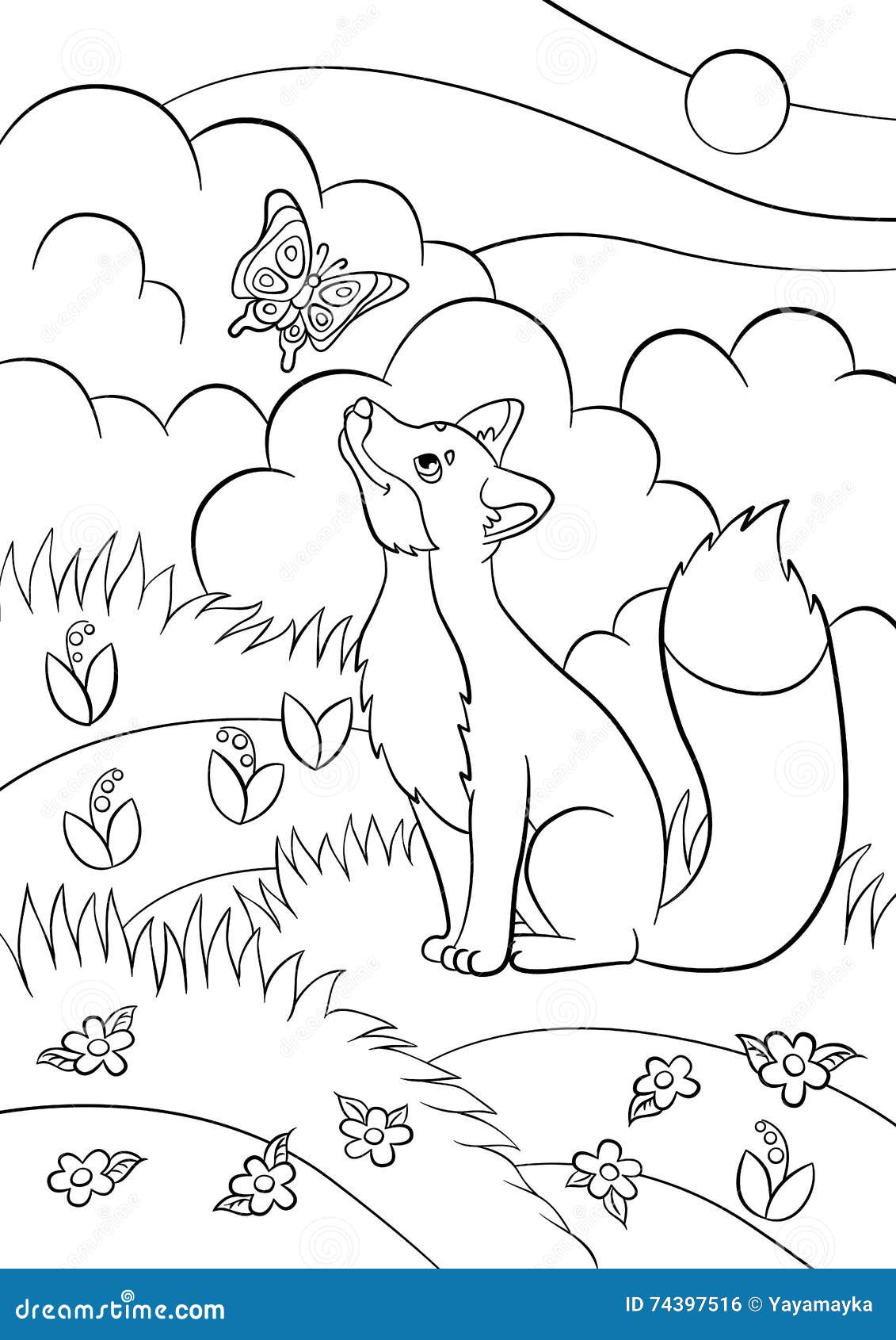 Coloring Pages. Wild Animals. Little Cute Fox Looks At The Butterfly ...