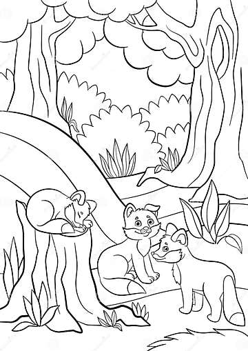 Coloring Pages. Wild Animals. Three Little Cute Baby Fox. Stock Vector ...