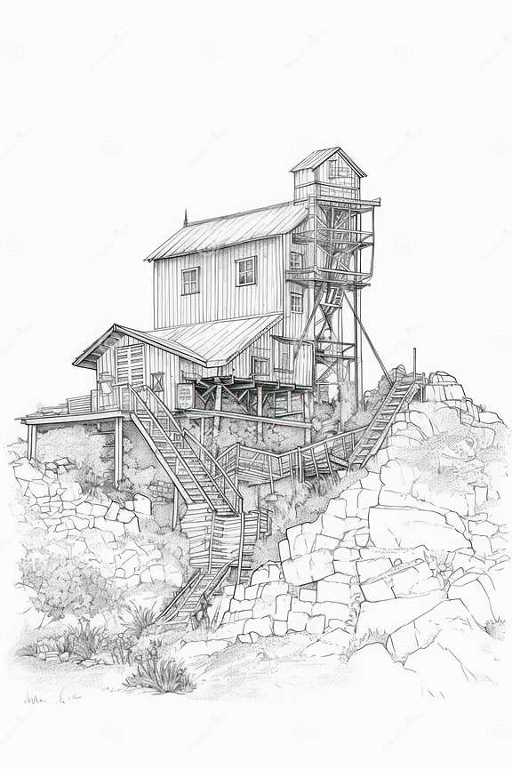 Coloring Pencil Drawing of an Old Gold Mine. Stock Photo Image of