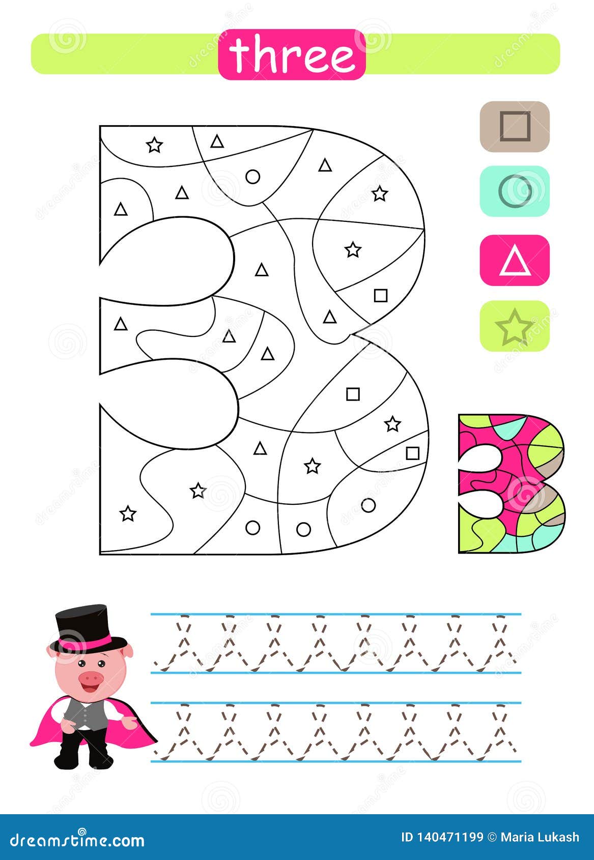 coloring printable worksheet for kindergarten and preschool learning numbers and simple shapes three stock vector illustration of kids flash 140471199