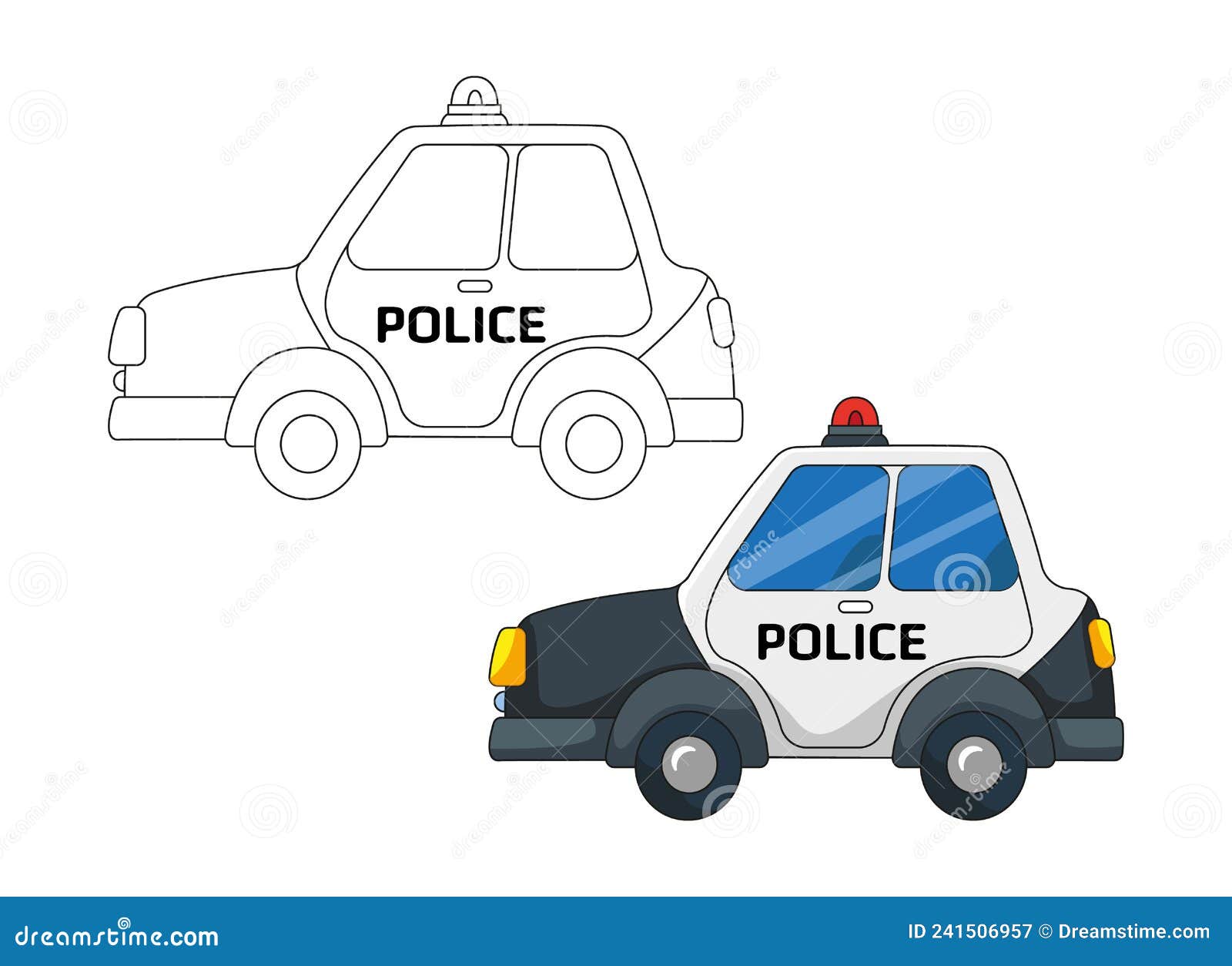 Coloring Set and Example of a Police Car. Cute Police Car with Outlines ...