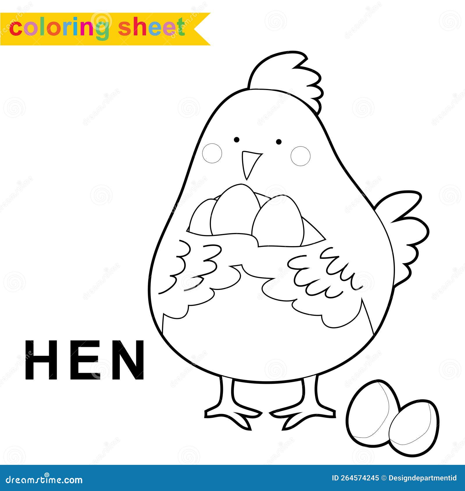 Cute Farm Animal Easy Coloring Page for Kids. Cute and Funny a Hen