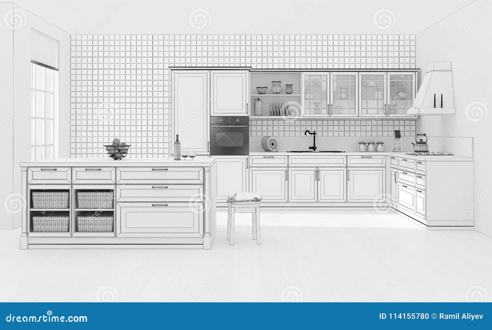 Kitchen Interior Grid 3D Rendering Stock Illustration - Illustration of