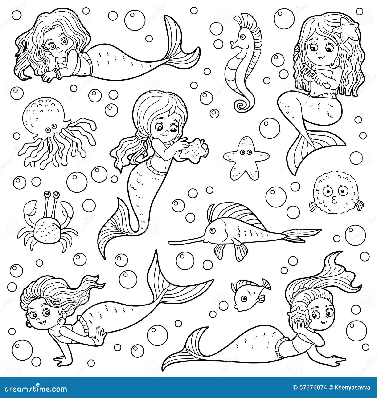 colorless  set of little girls mermaids and fish