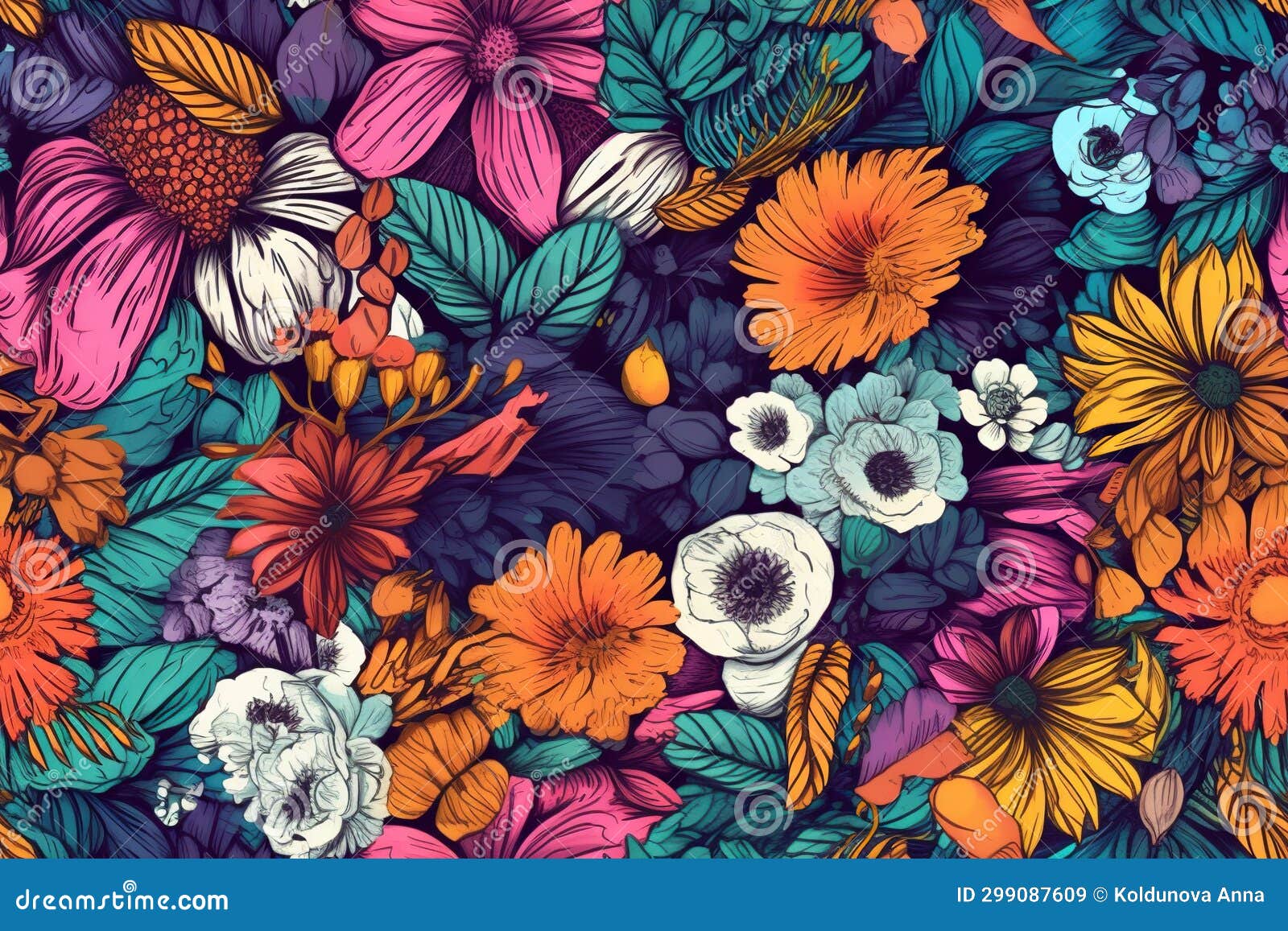 colors of flowers drawn with ink. seamless pattern