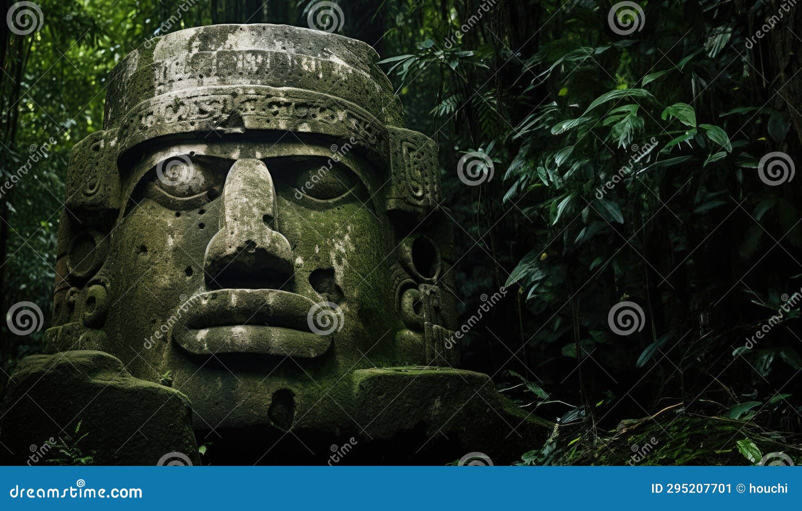 colossal olmec head stone statue. ancient stone monument in the lush deep jungle forest.