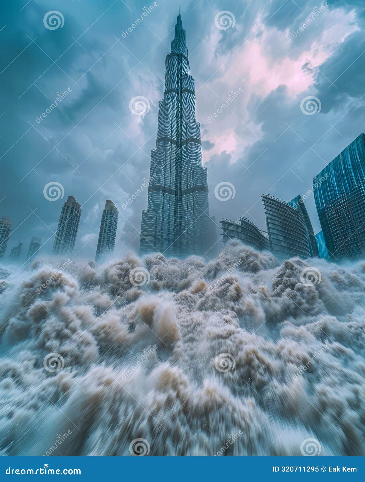a towering skyscraper amidst dramatic cloudy skies and surging floodwaters with other highrise buildings in the background