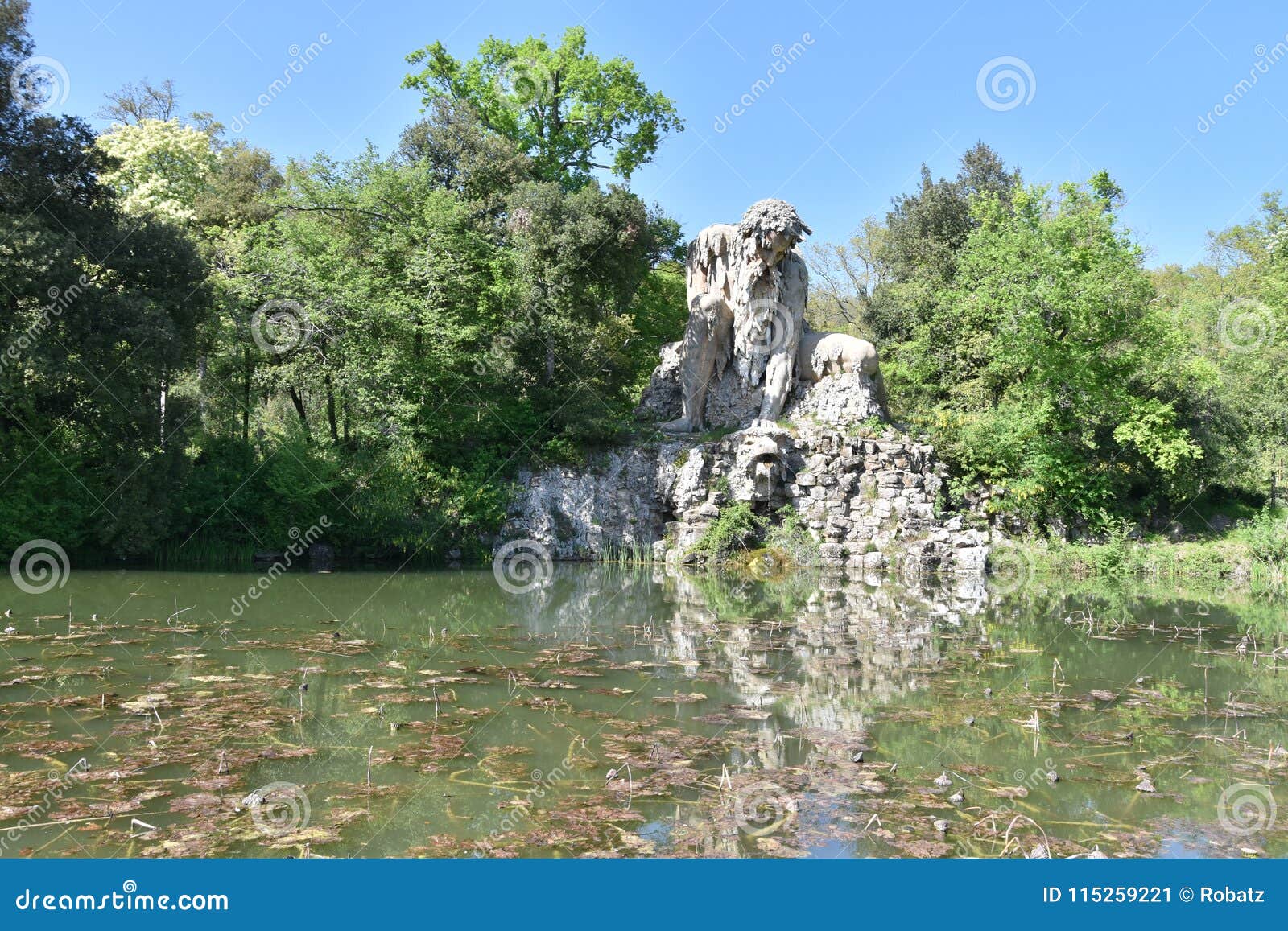 the colosso dell`appennino del giambologna 1580, sculpture located in florence in the public park of villa demidoff