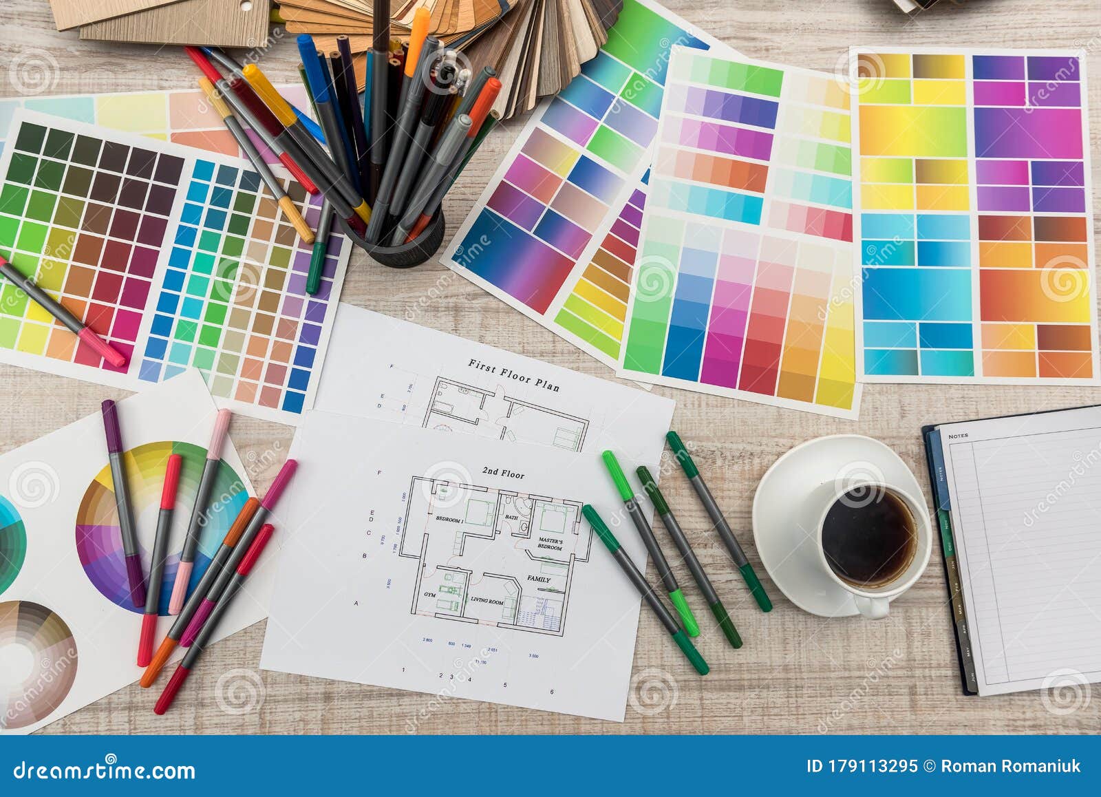 Colour Palettes with House Plan on Desk Top View. Designer Working at ...