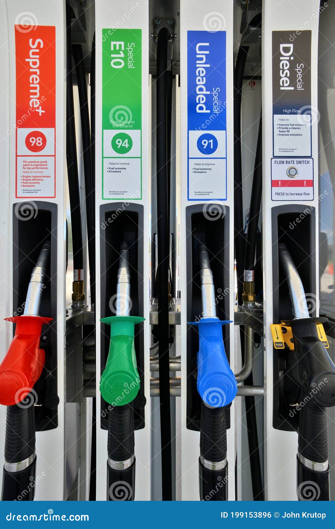 The Colour and Variation of Fuel Pumps in a Service Station Victoria,  Australia. Stock Photo - Image of unleaded, service: 199153896