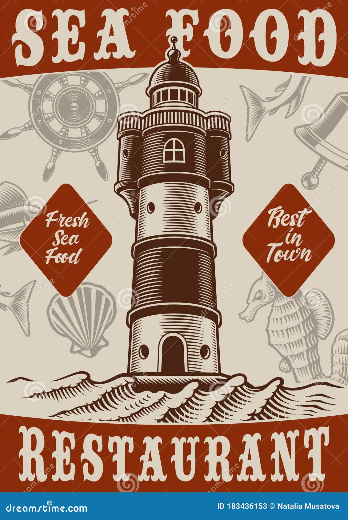 colour vintage poster of the marine theme with lighthouse