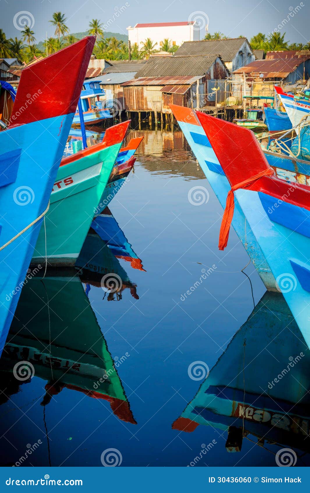 coloured boats on phu quoc island,vietnam