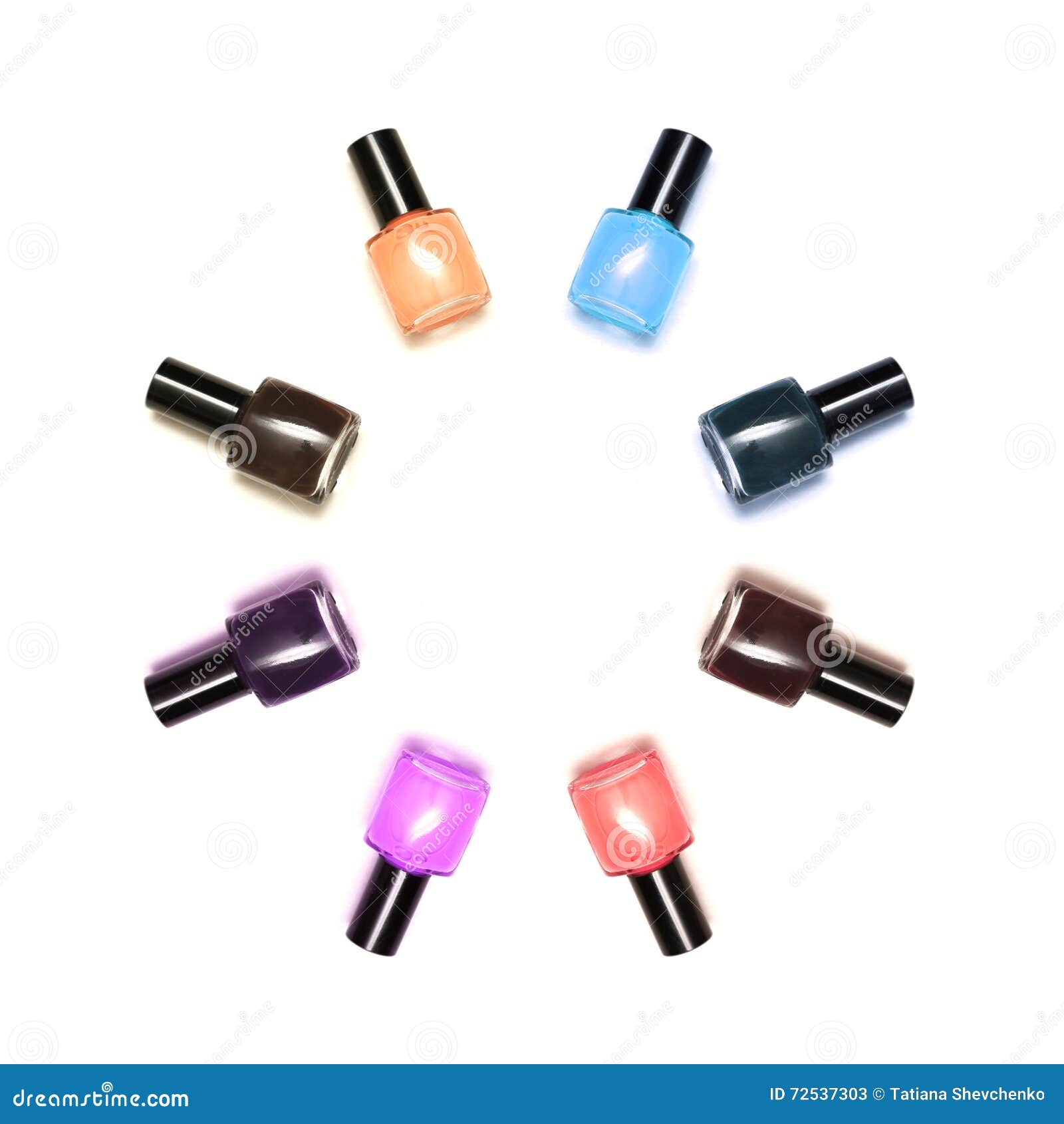 Coloured Nail Polish Bottles Stacked Circle on a White Background Stock