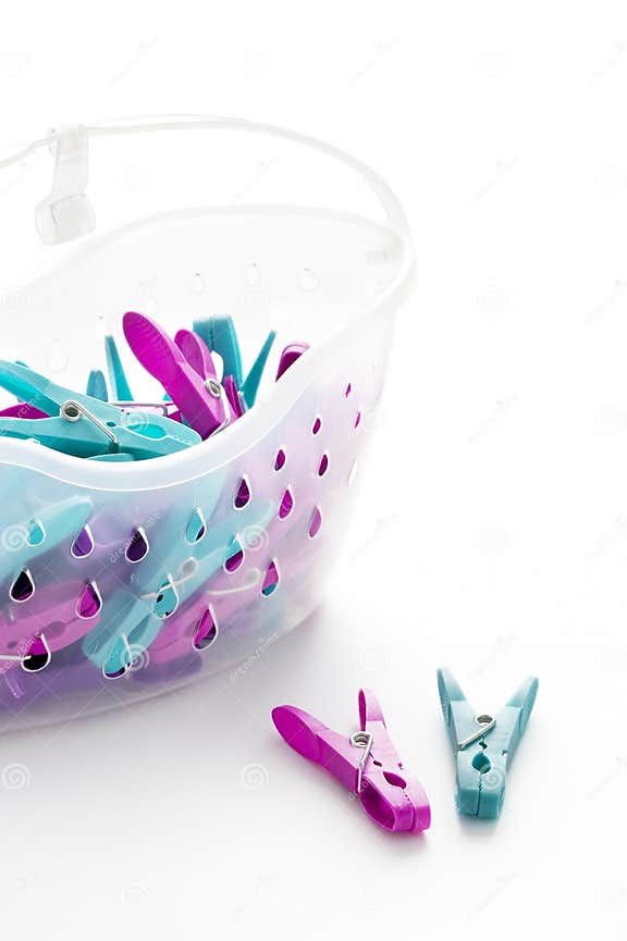 Coloured Plastic Clothes Pegs and Basket Stock Image Image of colored, studio 26060775