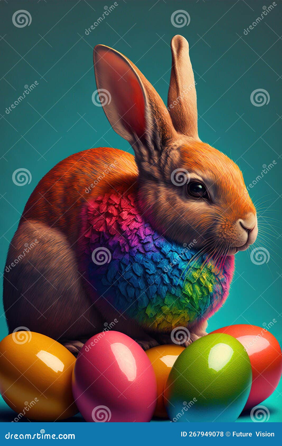 Colourful Easter Rabbit with Easter Eggs on Blue Background, Created ...