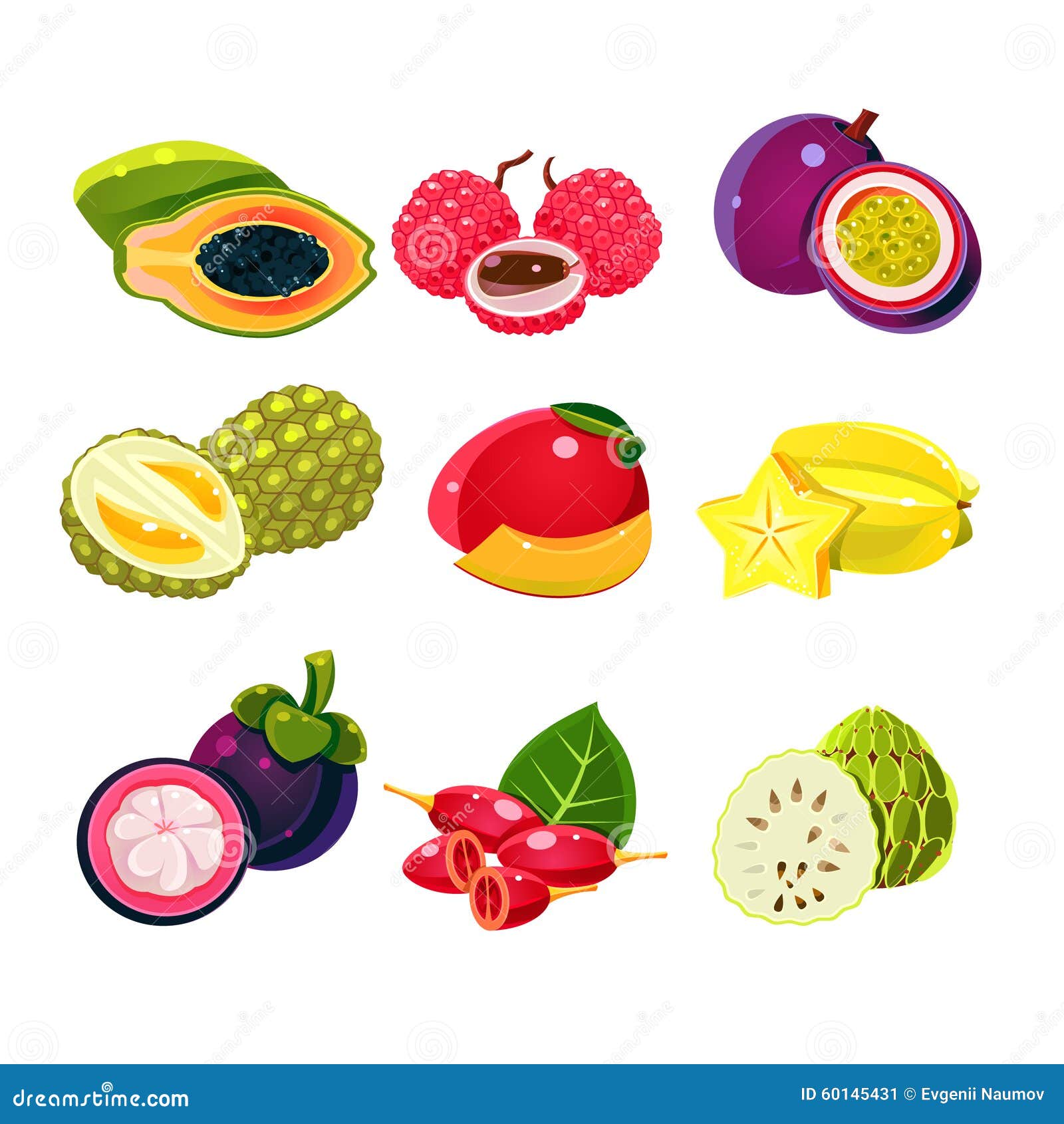 Colourful Exotic Tropical Fruits Set Stock Vector Illustration of