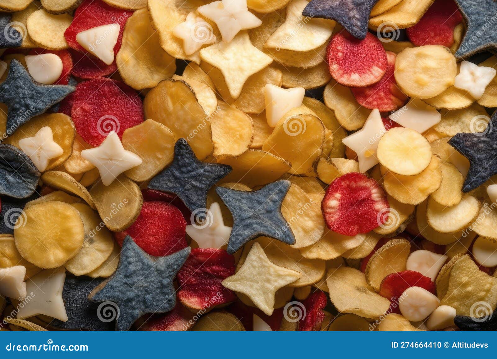 Colourful Mix of Potatoes Chips in Shape of Stars and Stripes Stock