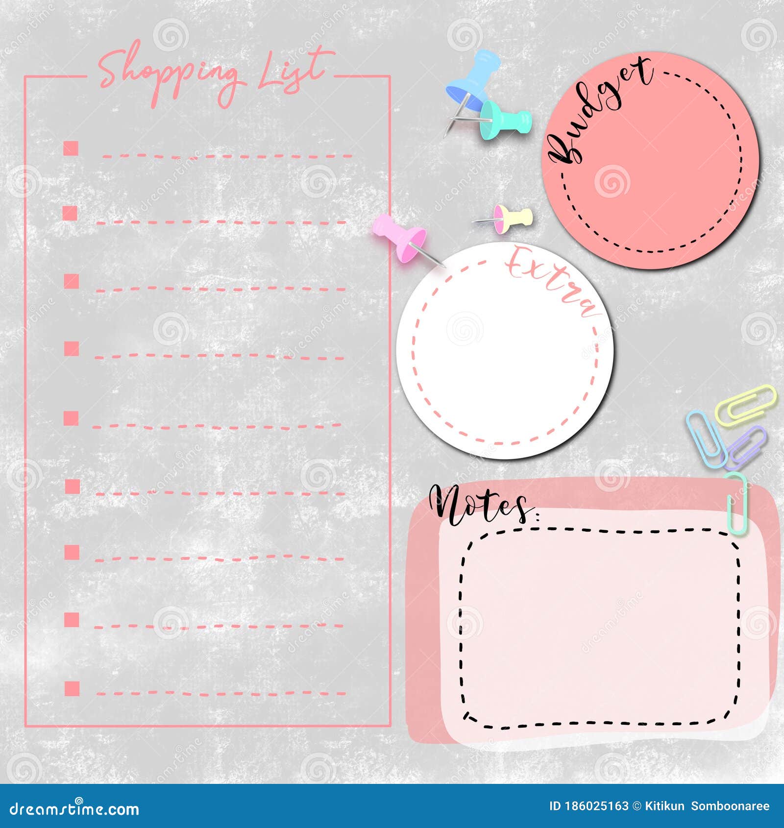 colourful pastel tone printable or digital shopping list page, paper, sheet, calendar, to do list, appointment and notes