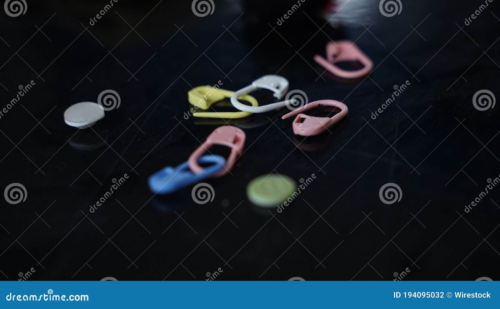 Colourful Safety Pins and Buttons Stock Photo Image of black