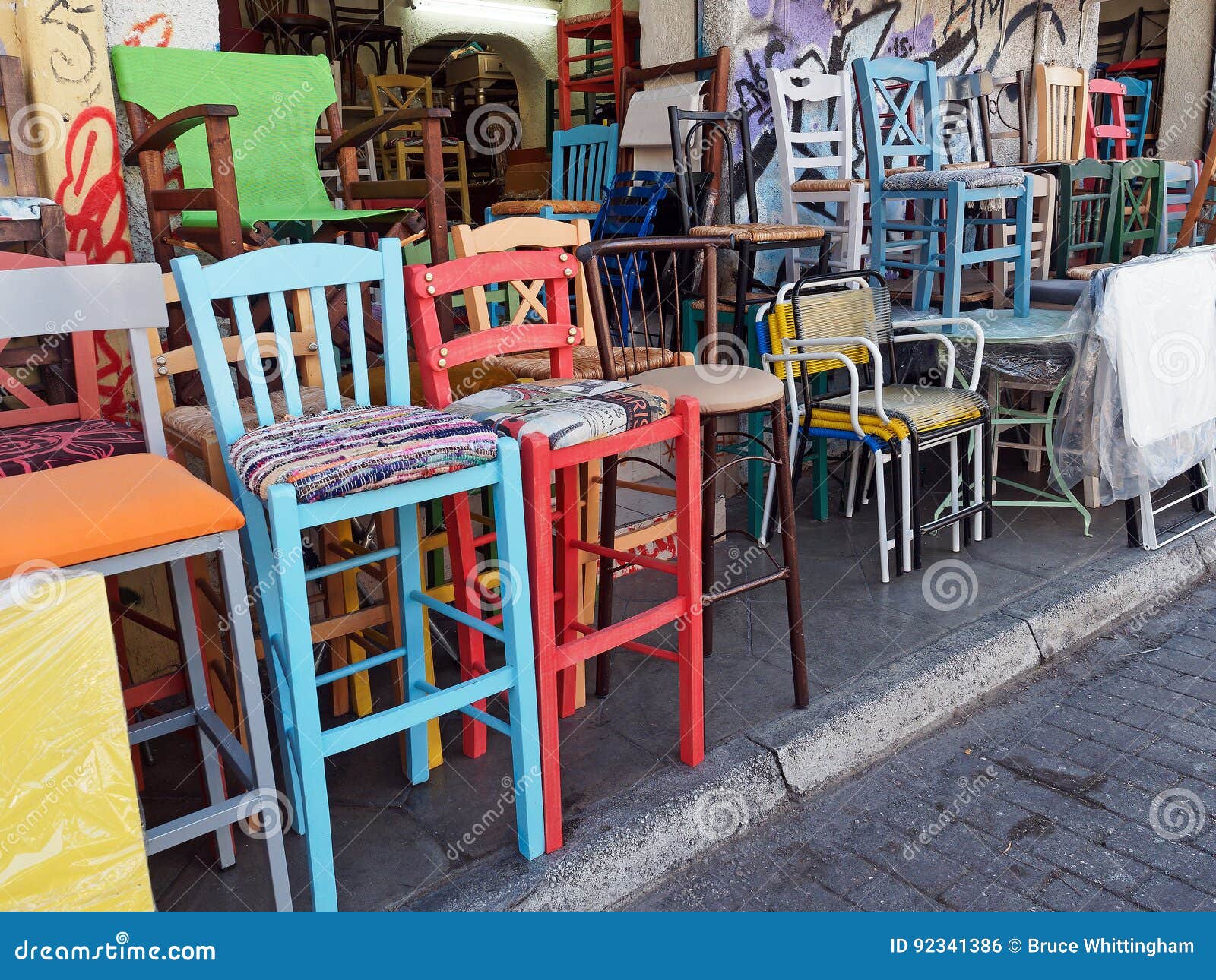 Colourful Second Hand Chairs Plaka Athens Greece Stock Photo