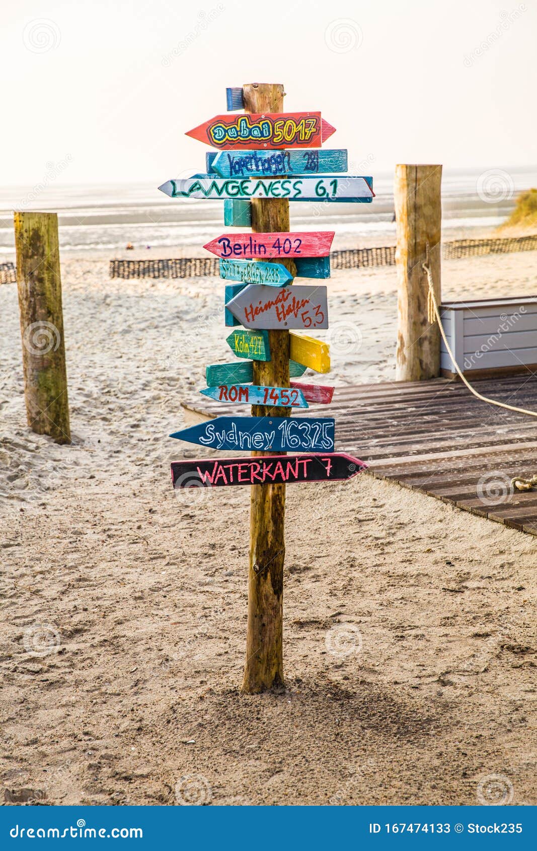 Colourful Signpost Pointing in Different Directions at the Beach Editorial Stock Photo Image