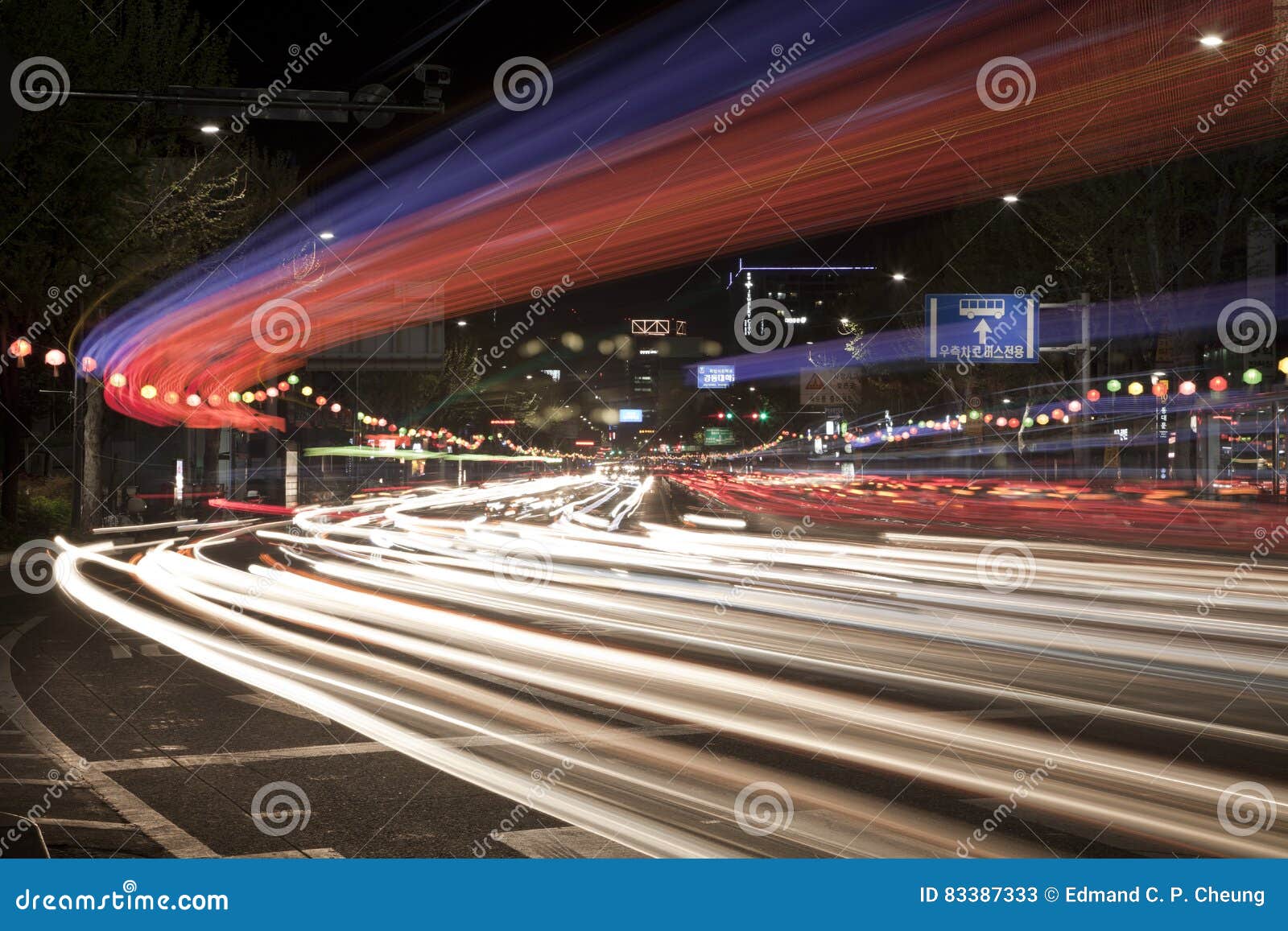 colourful vehicle light trails at the street of soeul