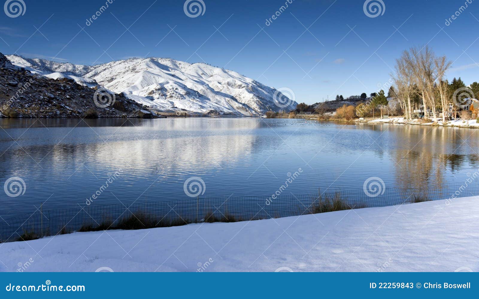 Fresh Snow Still Reflection Columbia River Winter Stock Image - Image
