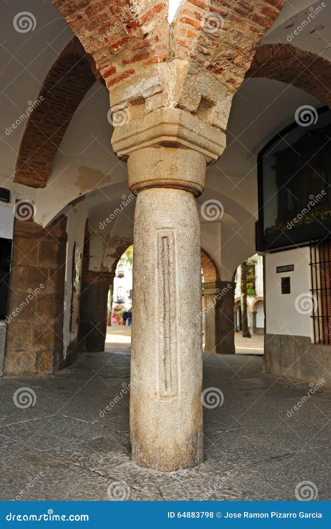 column named measuring stick (vara de medir) the plaza chica, zafra, province of badajoz, extremadura, spain