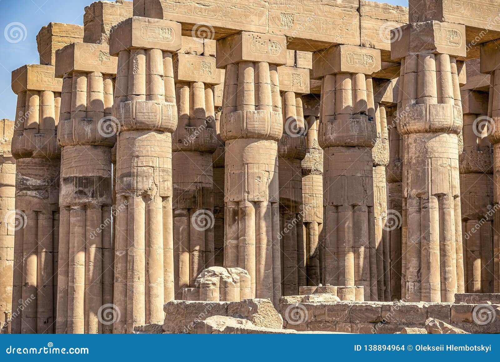 Columns Of The Ancient Egyptian Temple On The Blue Sky Background Stock Photo Image Of Building Columns