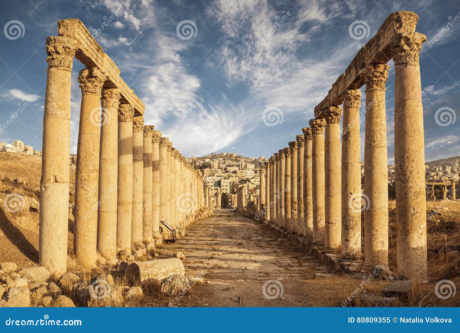 columns of the cardo maximus, ancient roman city of gerasa of antiquity , modern jerash