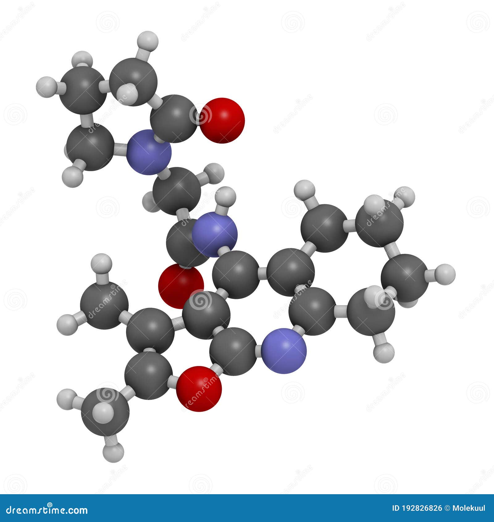 coluracetam 3d rendering. atoms are represented as spheres with conventional color coding: hydrogen white, carbon grey, oxygen