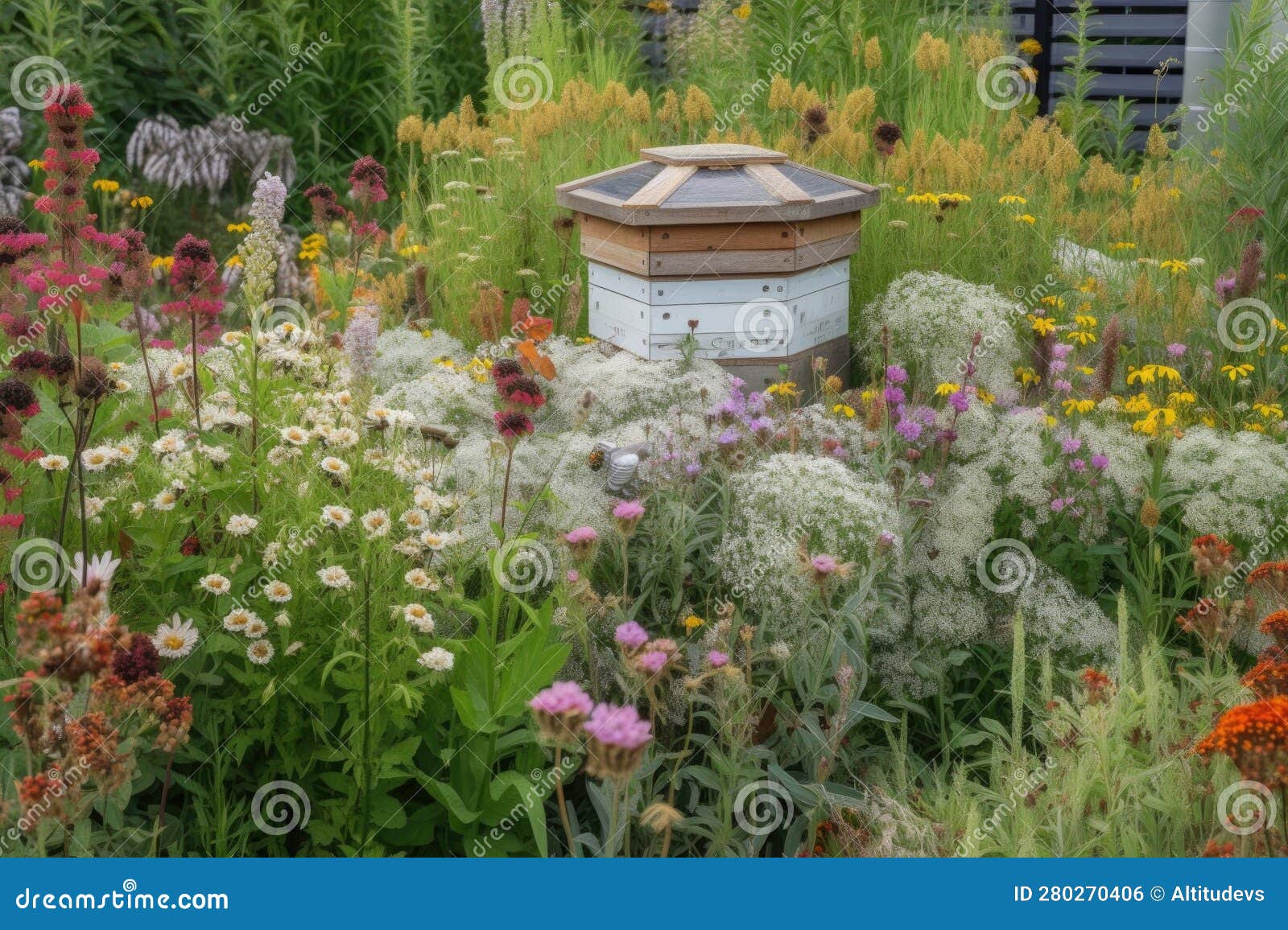 Combination of Edible and Ornamental Plants in Pollinator Garden with Beehive Stock Photo