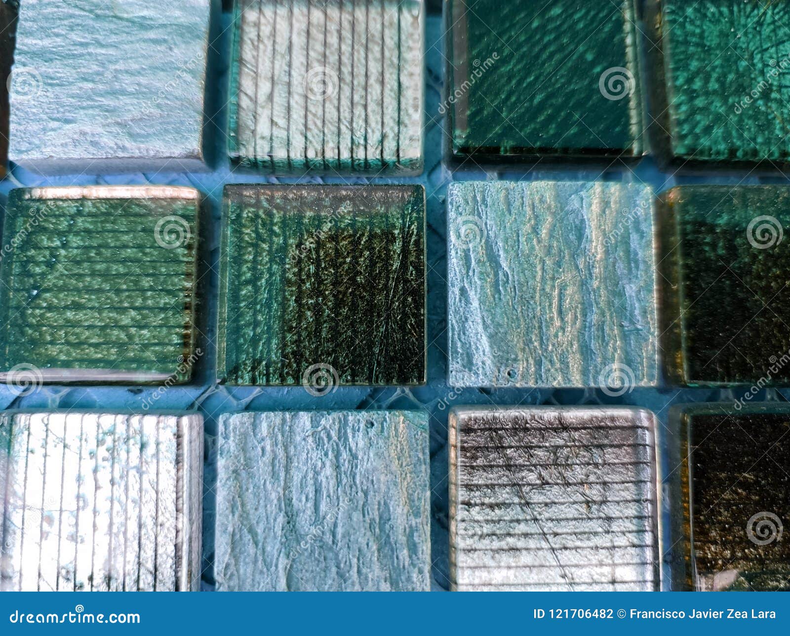 Combination of Glass and Stone Squares in Blue Tones, Wall Design