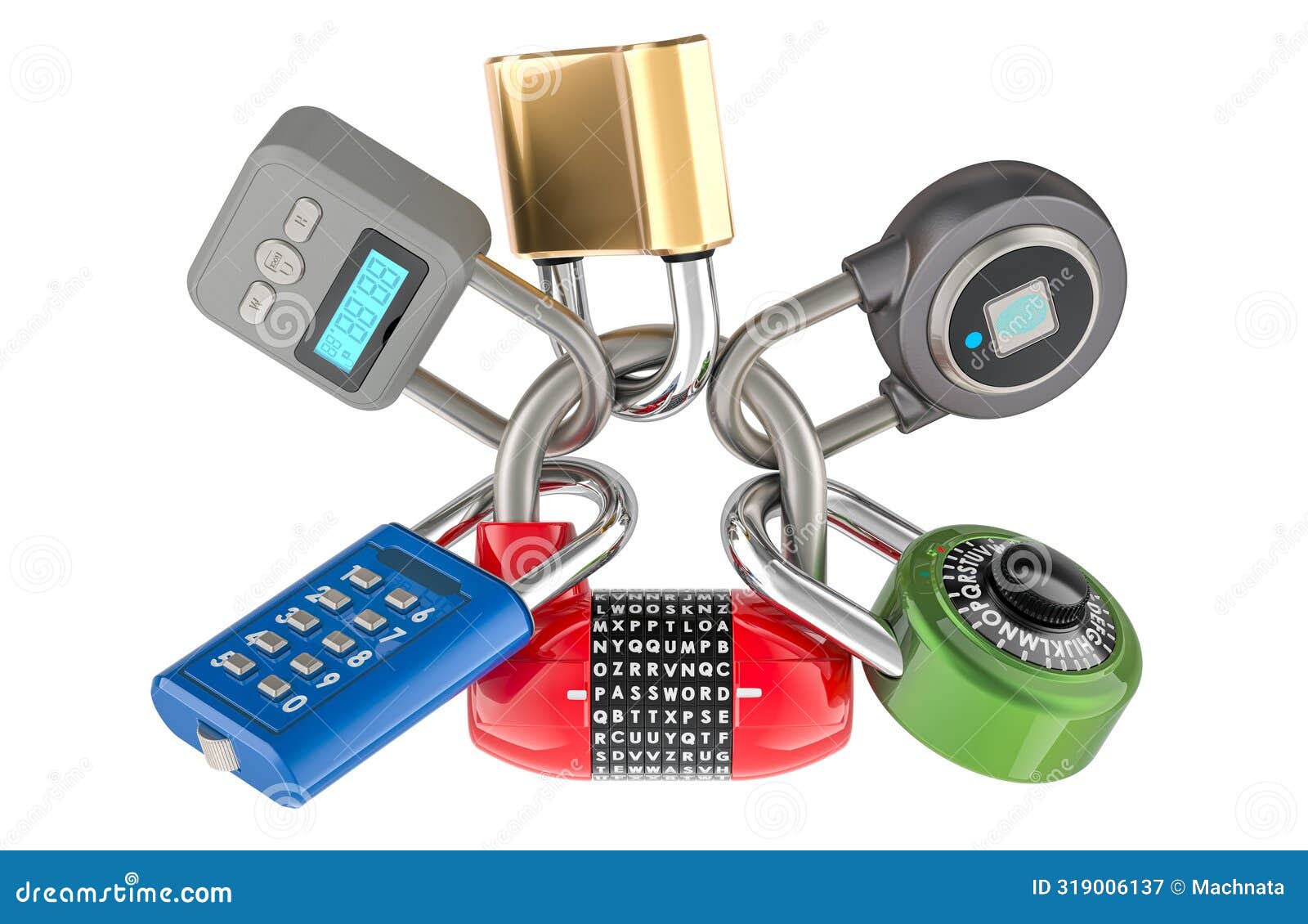 combination padlocks, different types, 3d rendering